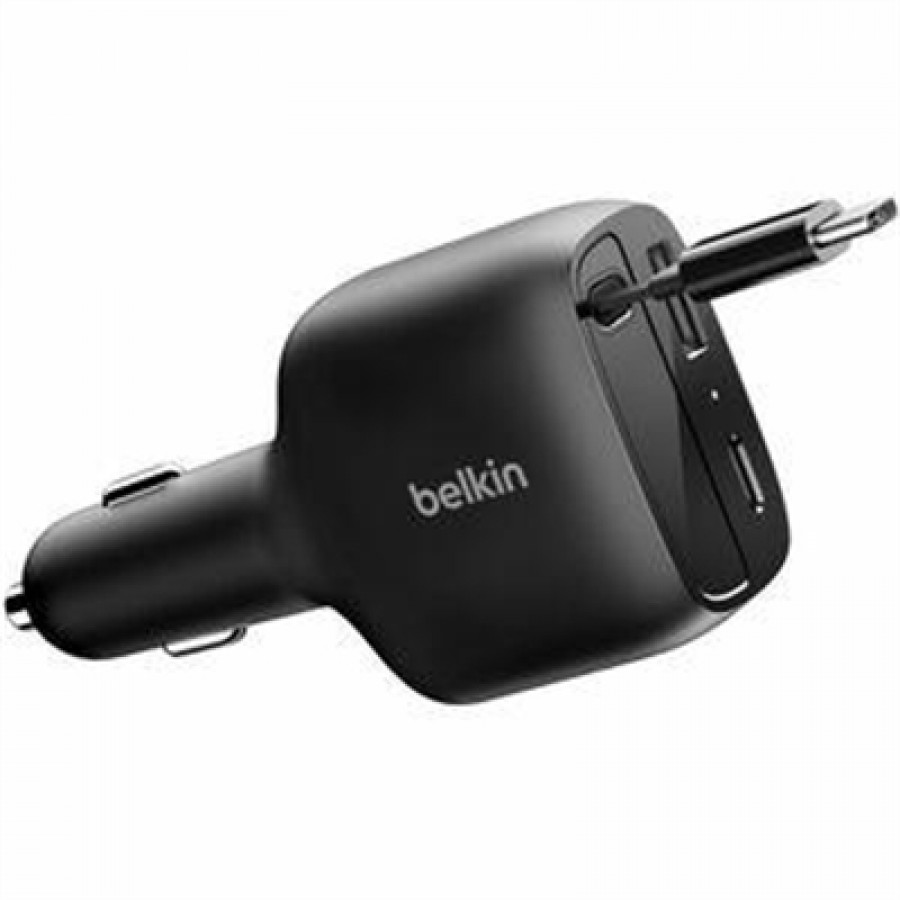 Belkin 75W 3PORT Car Chrgr W Retractable USB-C Cbl Cla Bk