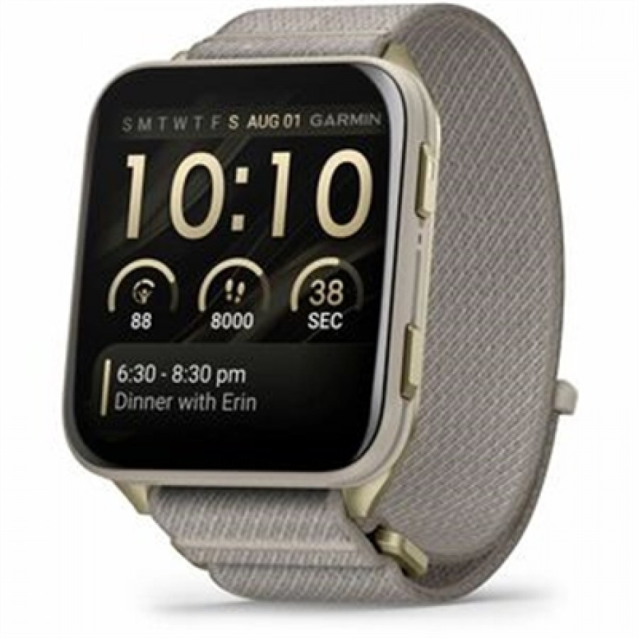 Garmin USA Venu X1. Soft Gold with Titanium Caseback and French Gray Nylon Band