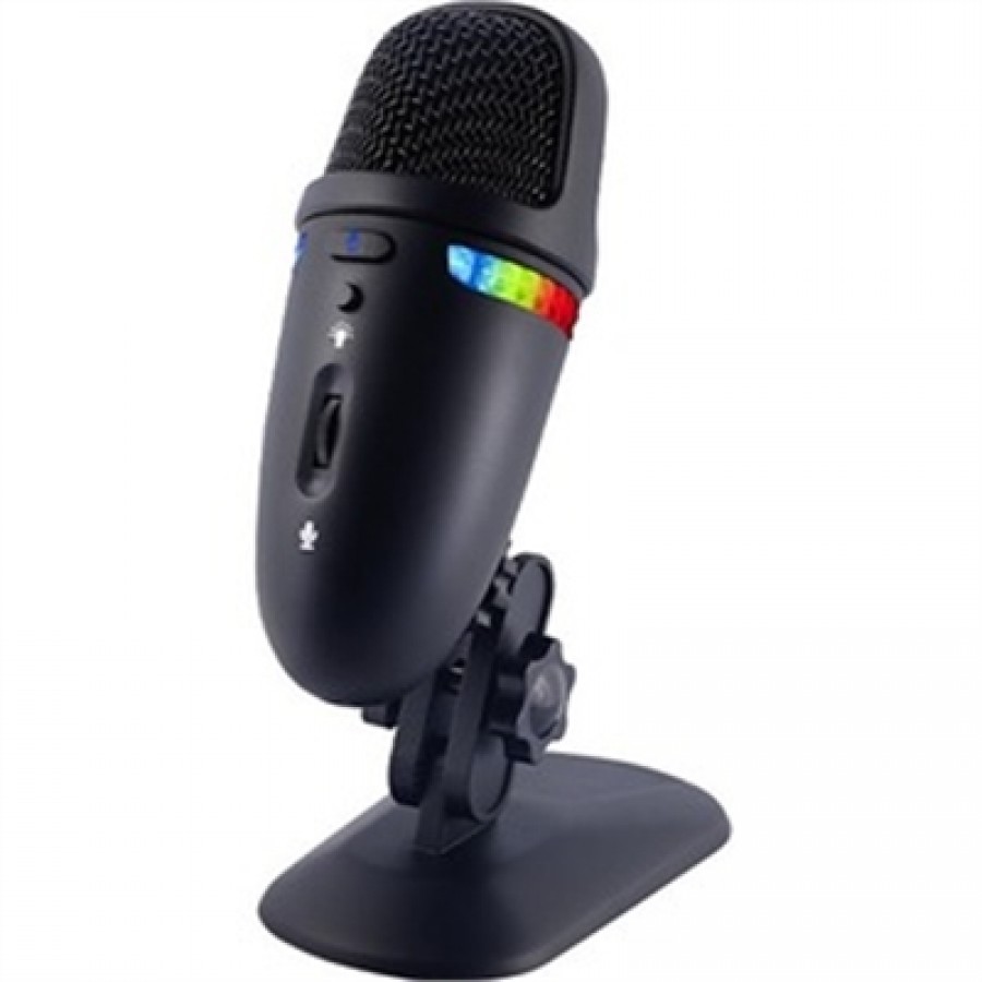 Cyber Acoustics Dual polar pattern options 9 color lighting feature mute/power switch. Adjustable angle desk stand headphone out jack